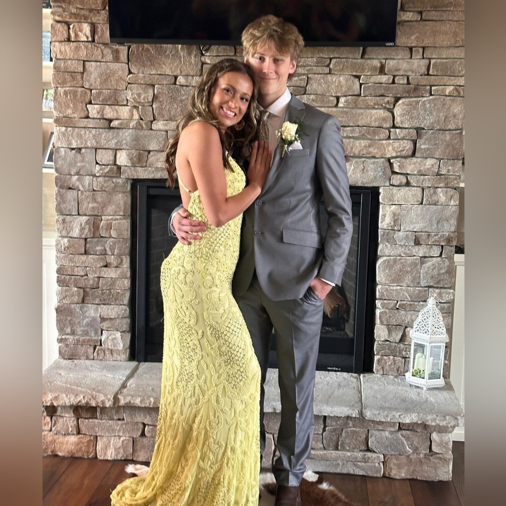 Primavera Couture yellow beaded gown - backless prom dress with slit